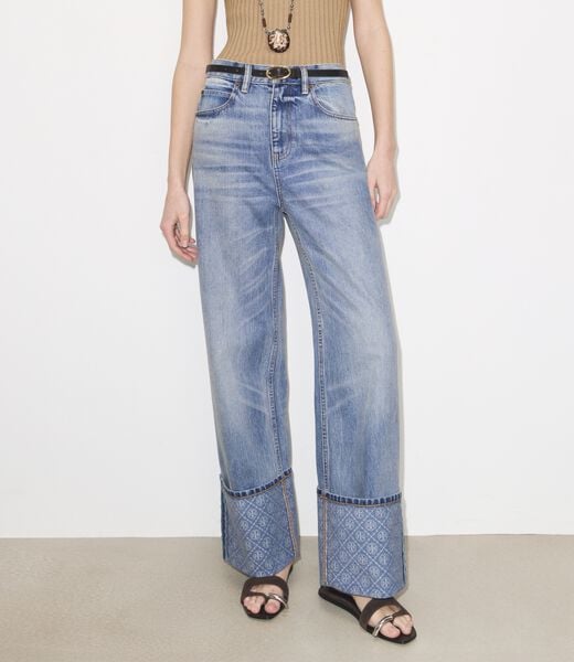 tory burch contrast cuff straight leg jean