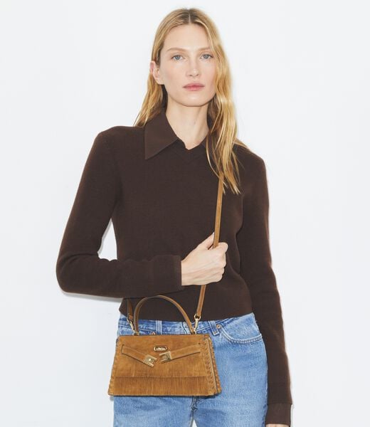 tory burch mini lee radziwill suede fringe top handle bag