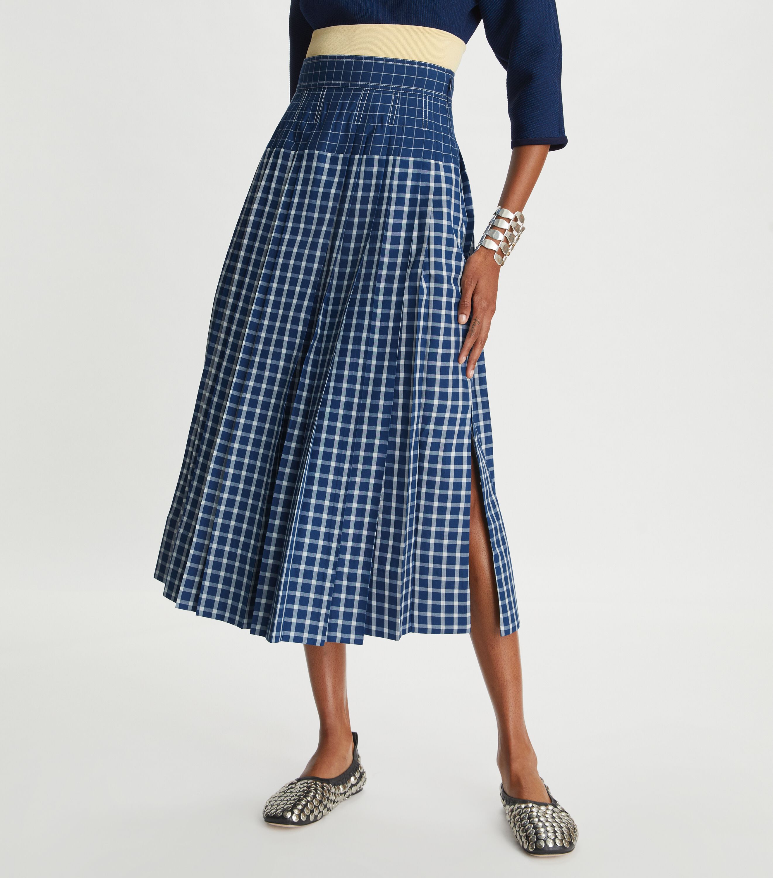Picnic Plaid Silk Pleated Skirt, Blue / White | Tory Burch KSA