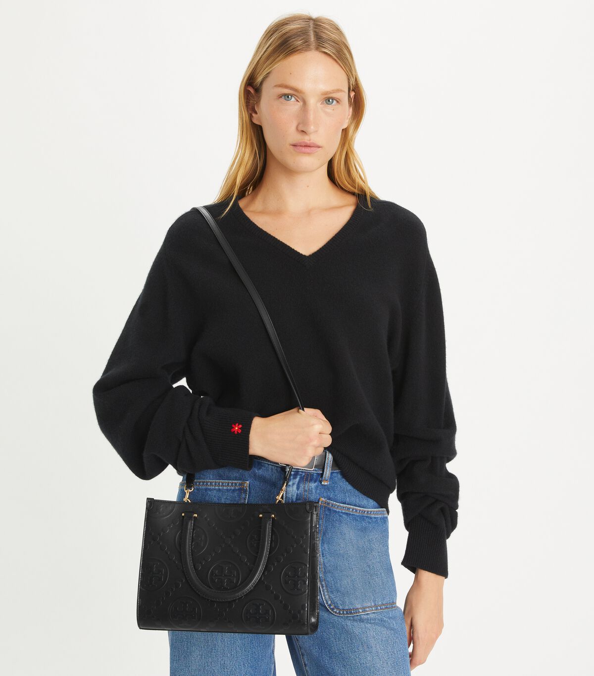 tory burch t monogram top handle embossed tote