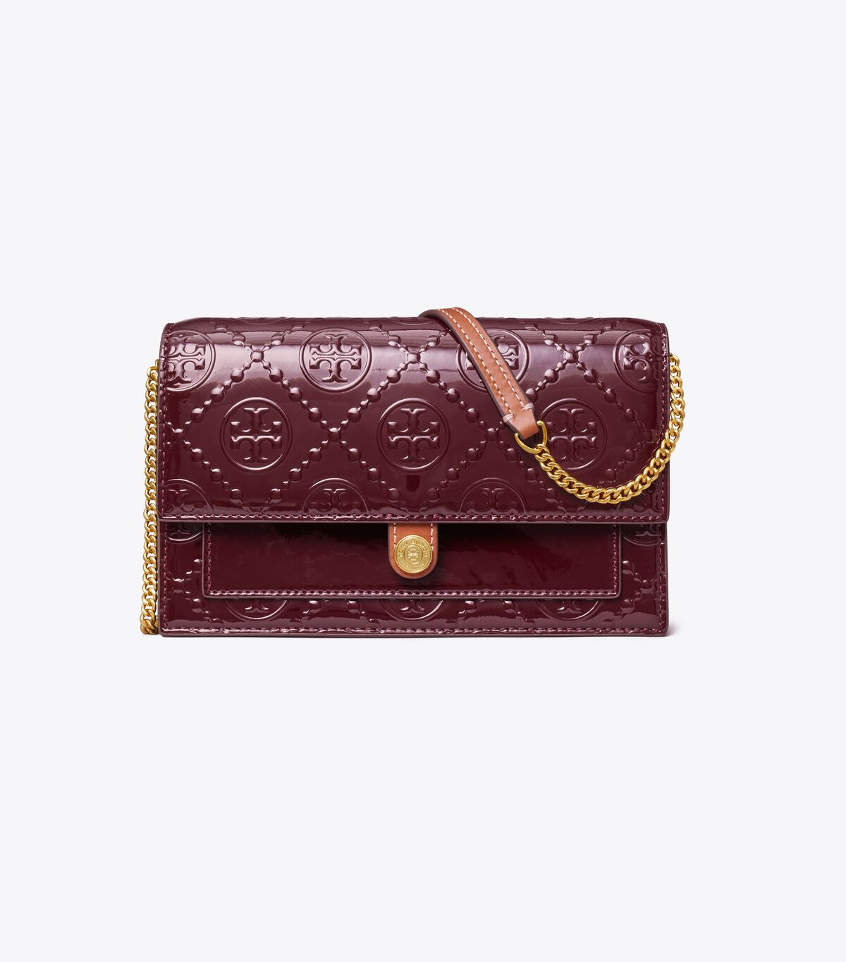 tory burch t monogram patent embossed chain wallet