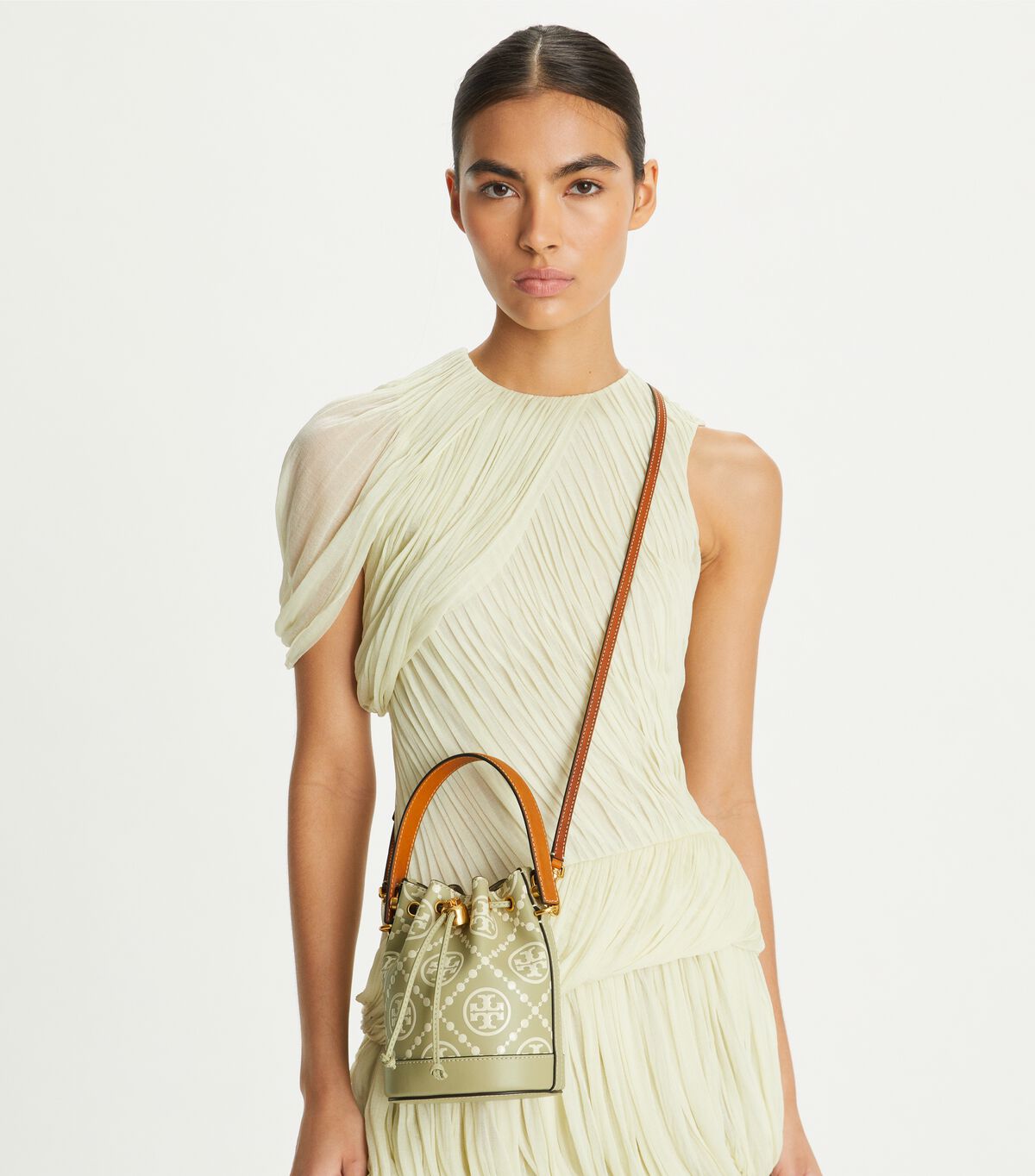 tory burch t monogram contrast embossed mini bucket bag