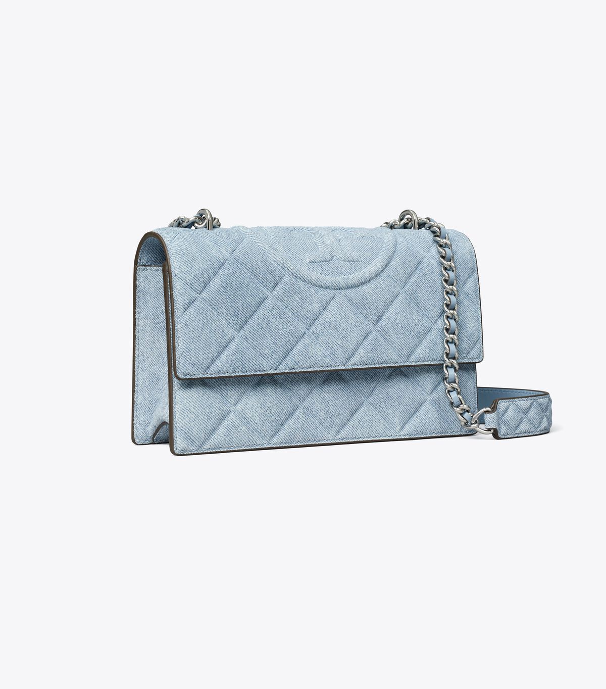tory burch small fleming denim print suede shoulder bag