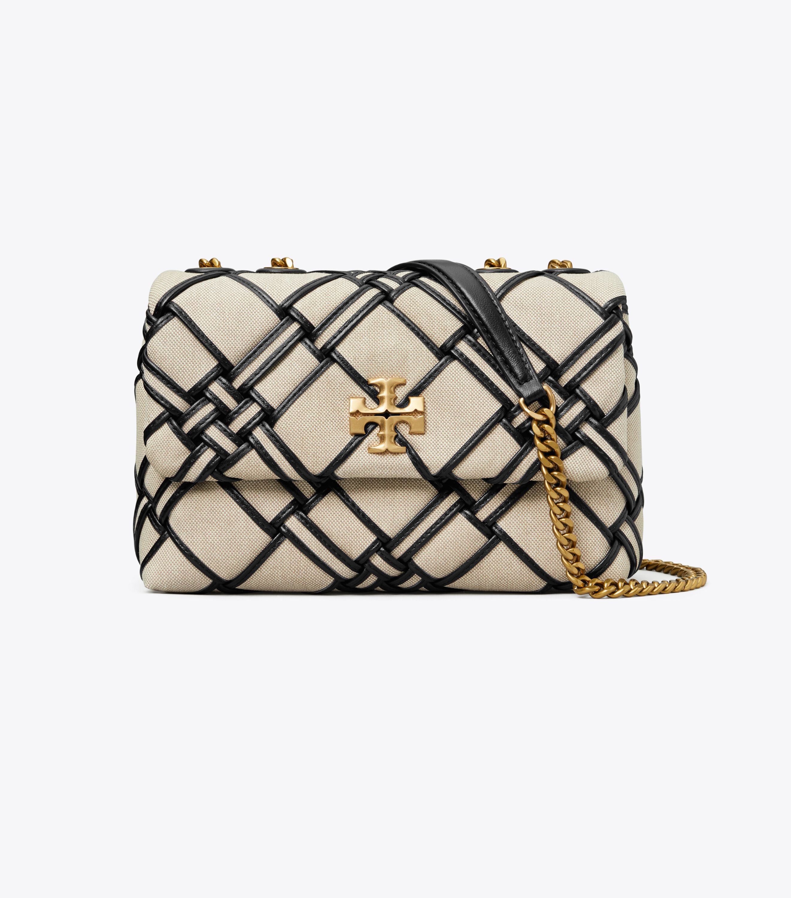Small Kira Woven Canvas Convertible Shoulder Bag, Natural / Black