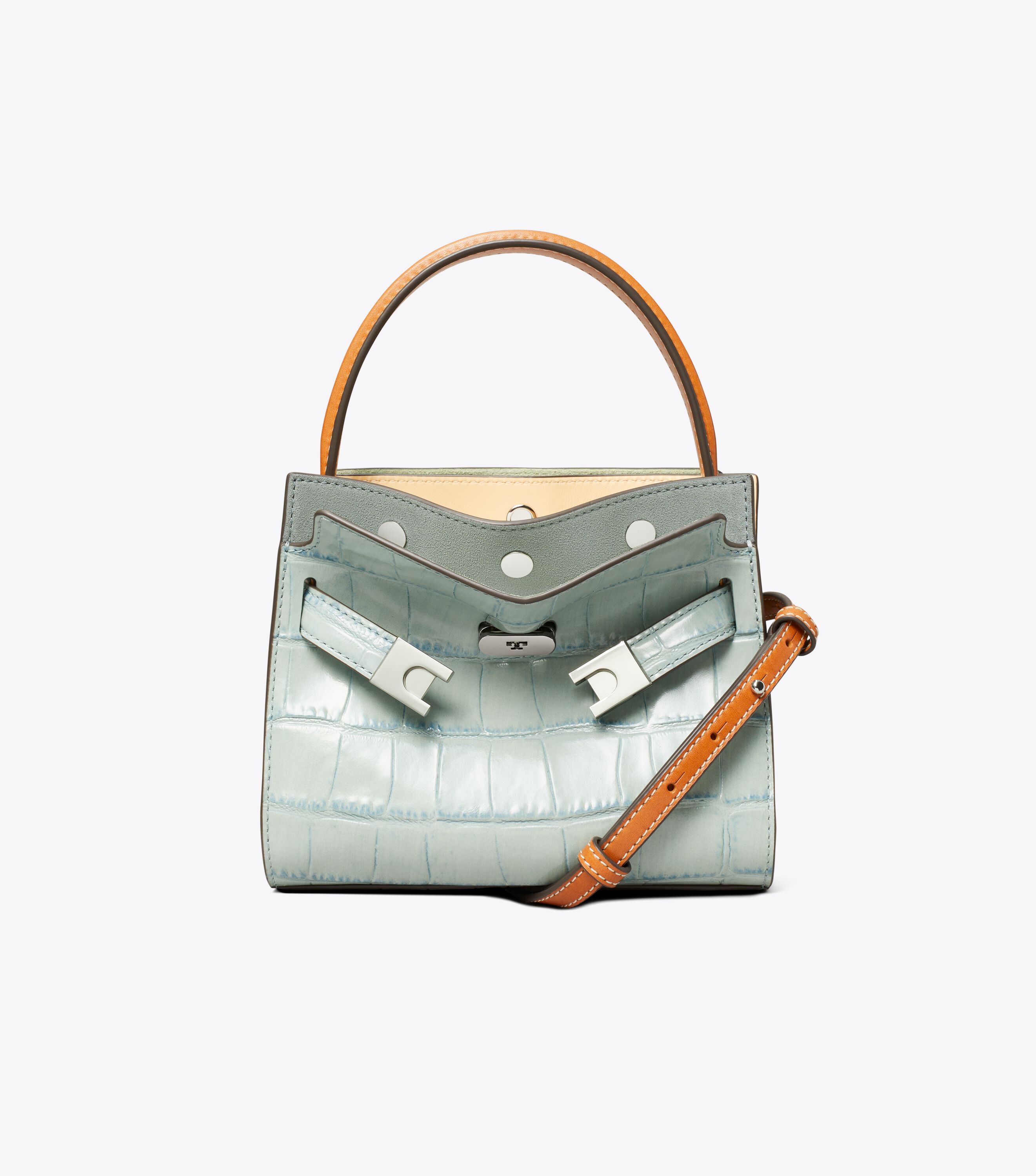 Petite Lee Radziwill Croc-Embossed Double Bag, Blue Celadon
