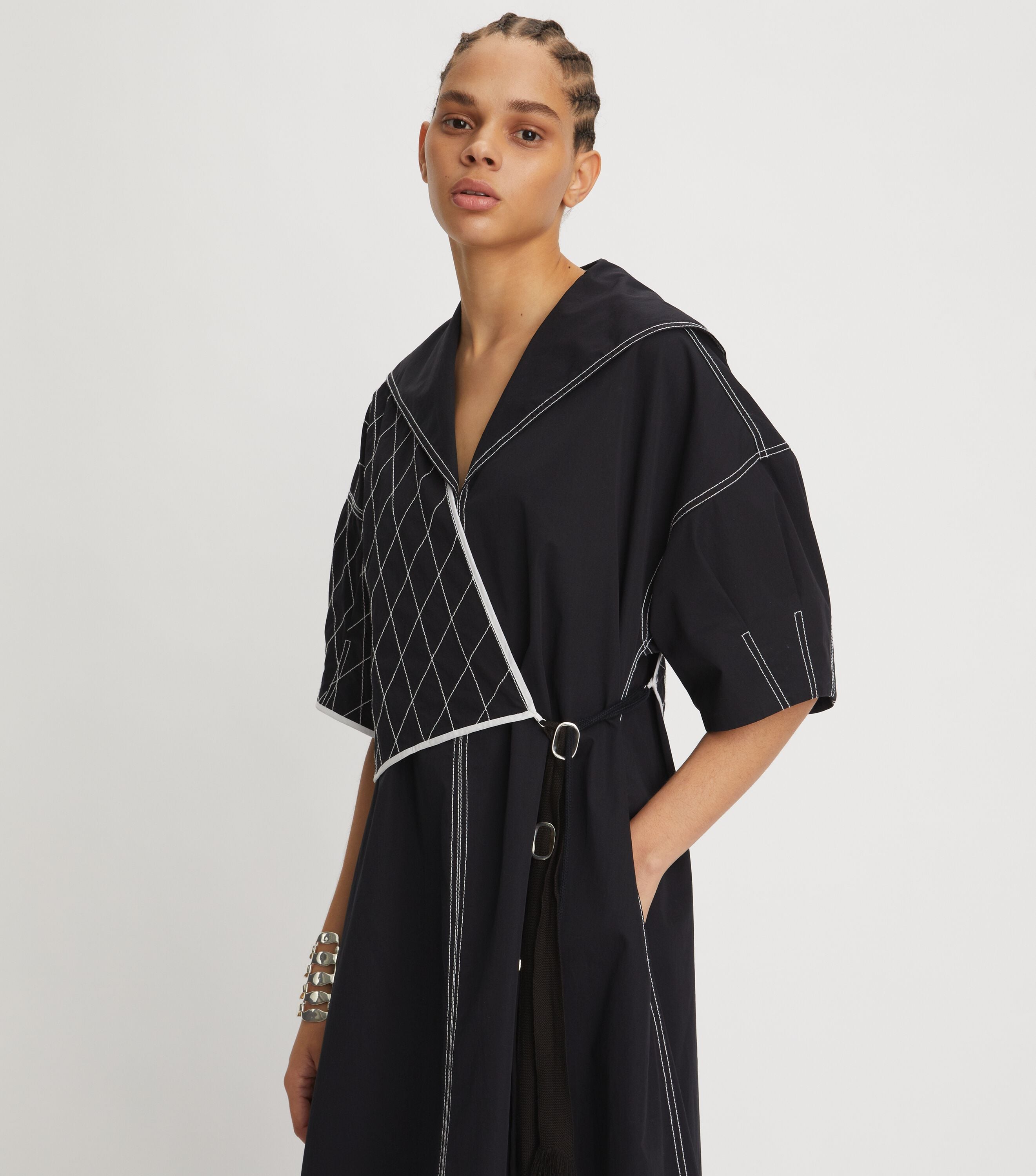 Diamond Topstitch Sailor Dress, Black | Tory Burch KSA