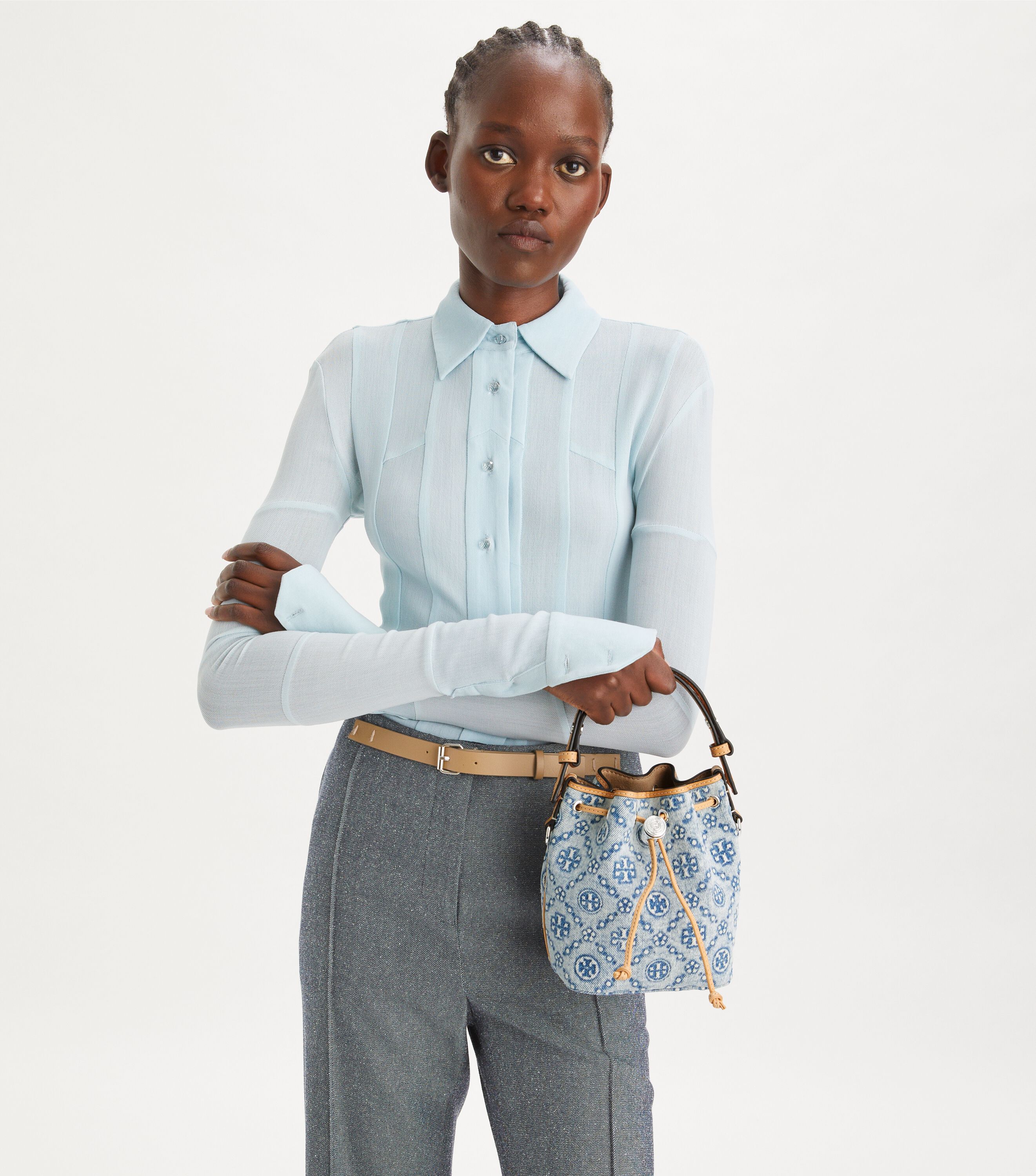 【TORY BURCH】Mini T-Monogram Denim Bucket Bag Tory Burch Mini T Monogram Denim Bucket Bag | Bloomingdale's