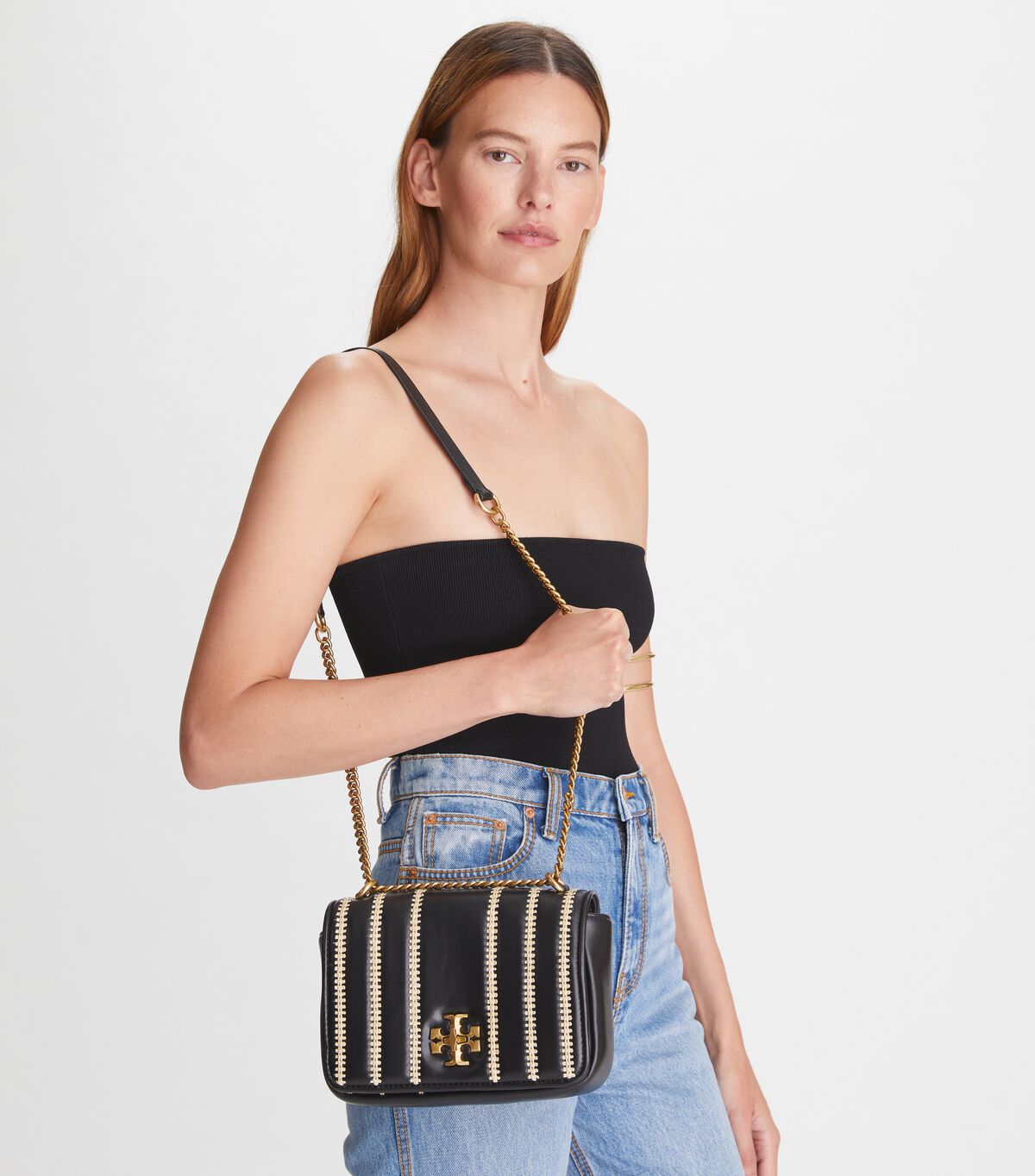Kira Raffia Stripe Chain Shoulder Bag