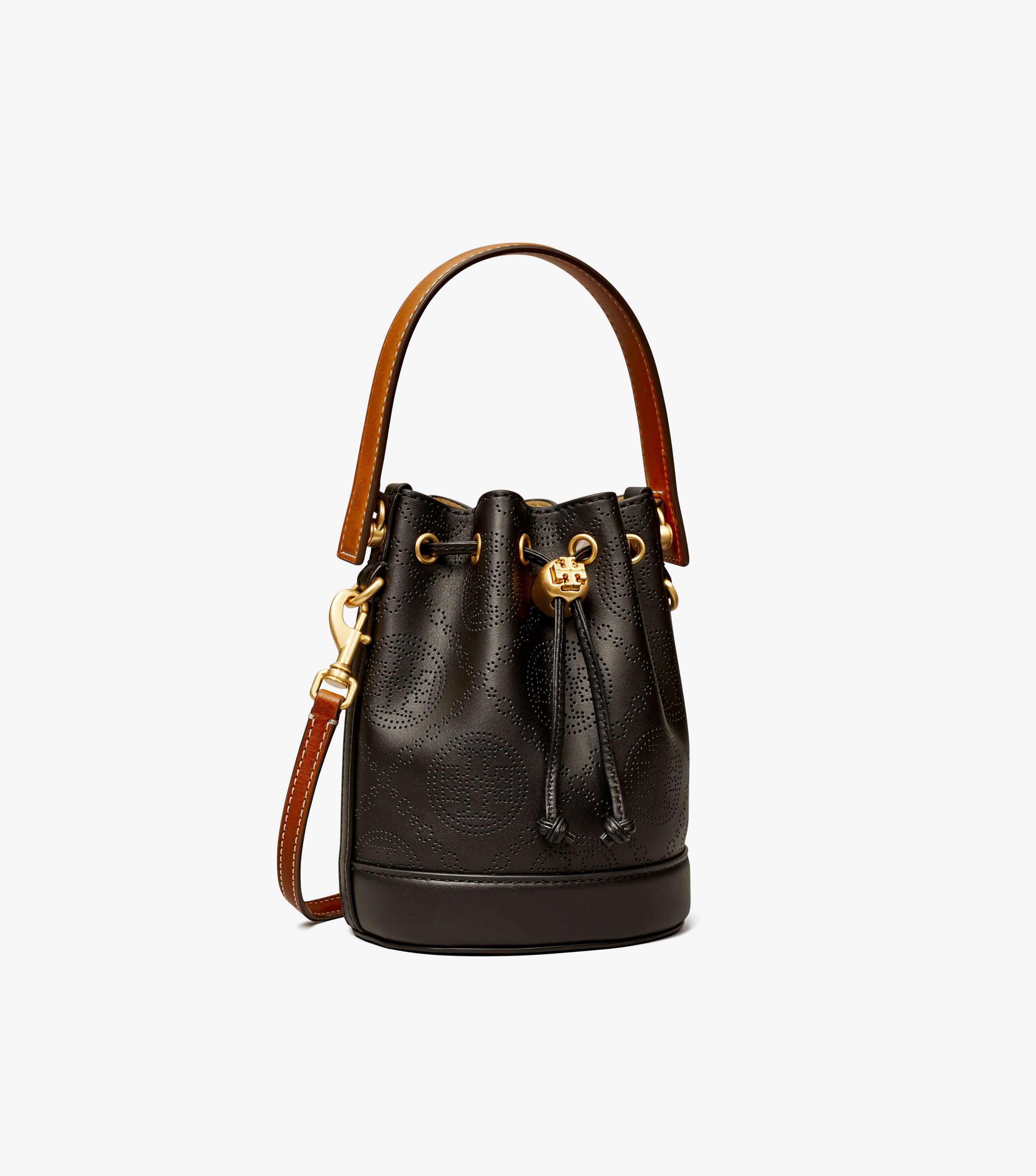 Mini T Monogram Perforated Leather Bucket Bag, Black | Tory Burch KSA