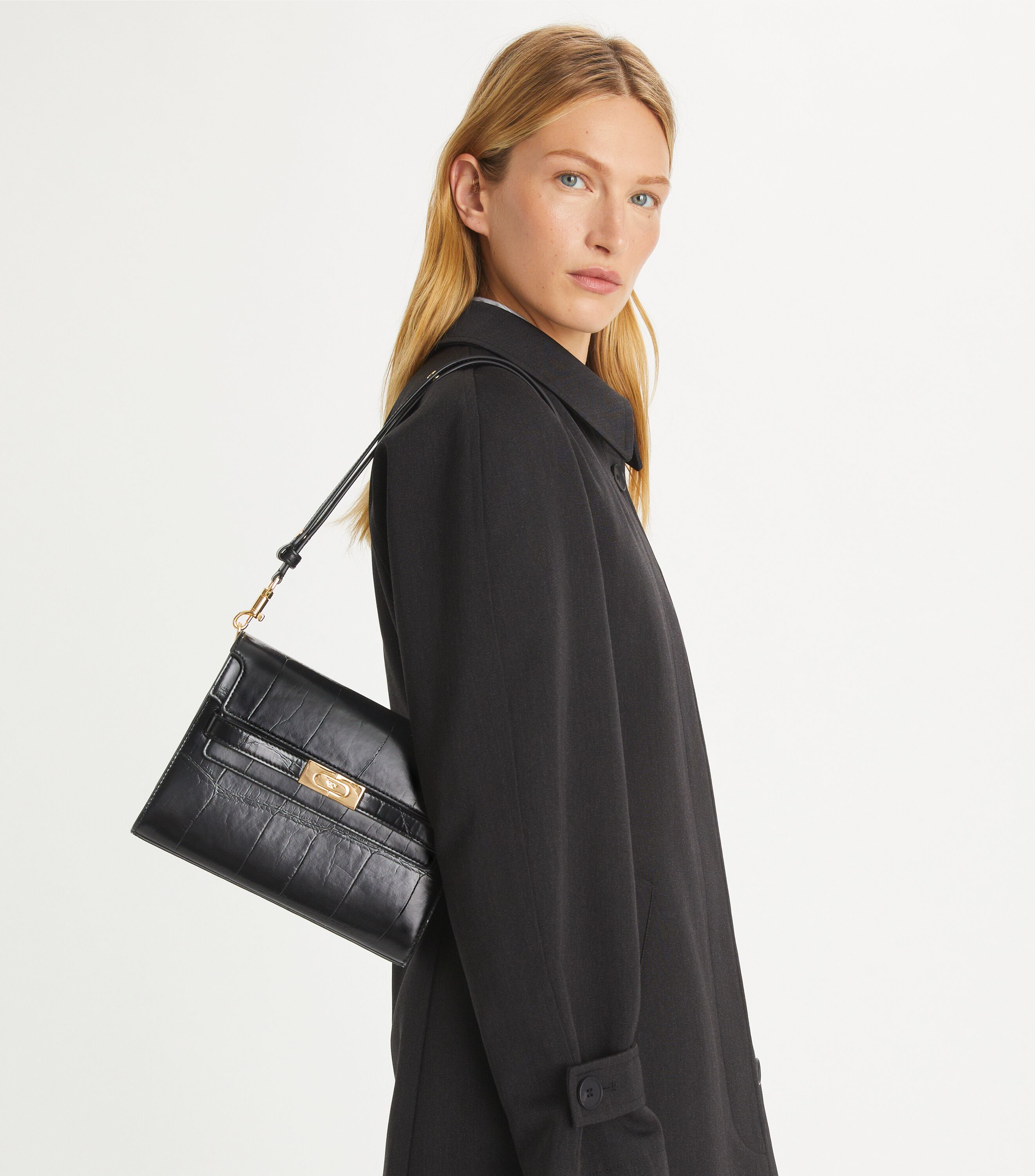 Lee Radziwill Croc-Embossed Shoulder Bag, Black | Tory Burch KSA Lee Radziwill Croc-Embossed Shoulder Bag, Black | Tory Burch KSA