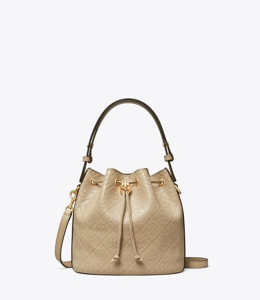 tory burch t monogram leather bucket bag