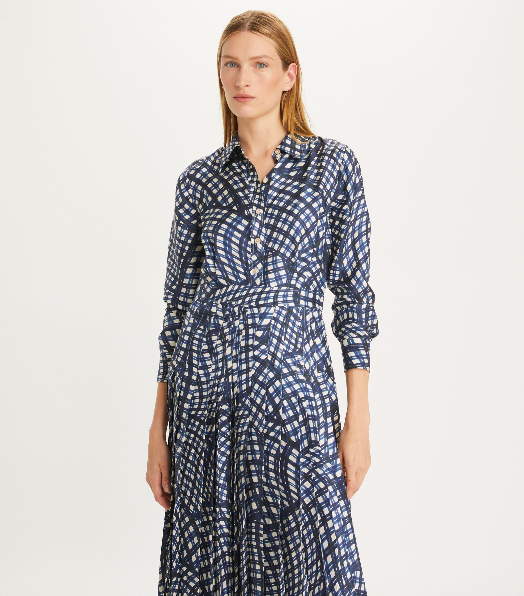Printed Pleated Silk Twill Dress, Navy Warped Gingham