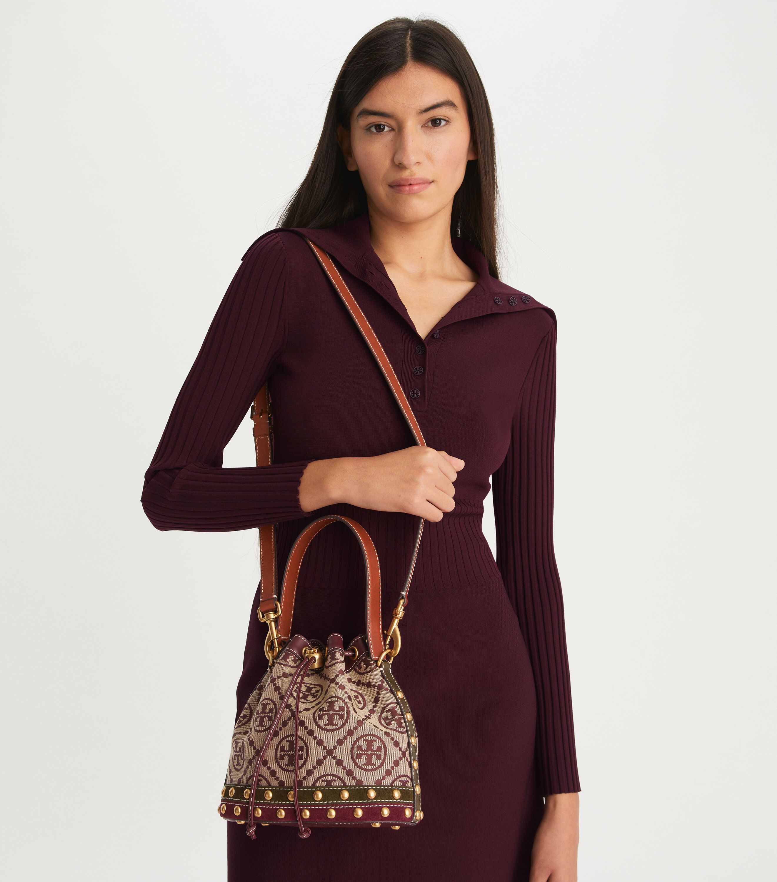 T Monogram Jacquard Studded Bucket Bag