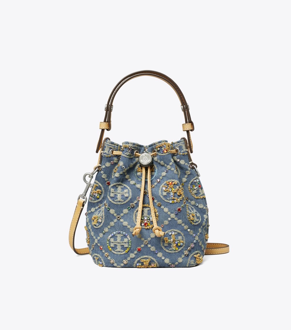 tory burch t monogram denim embellished mini bucket bag
