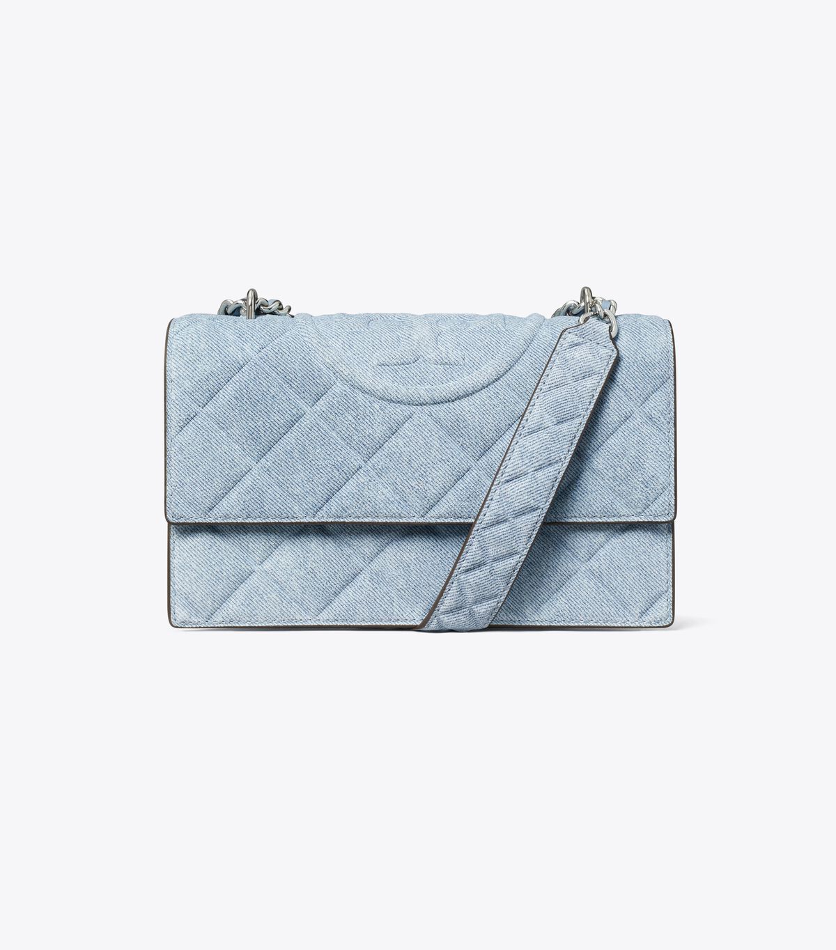 tory burch small fleming denim print suede shoulder bag