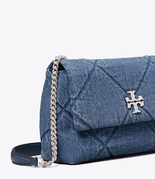 tory burch حقيبة كتف كيرا صغيرة من قماش الدنيم المبطن بالألماس