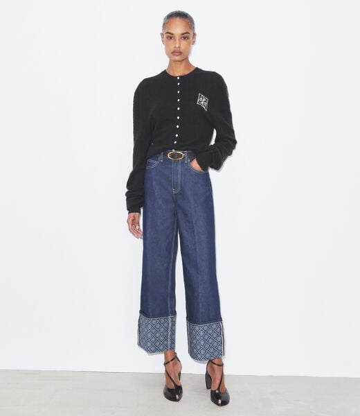 tory burch بنطال جينز مستقيم الساقين بأكمام متباينة