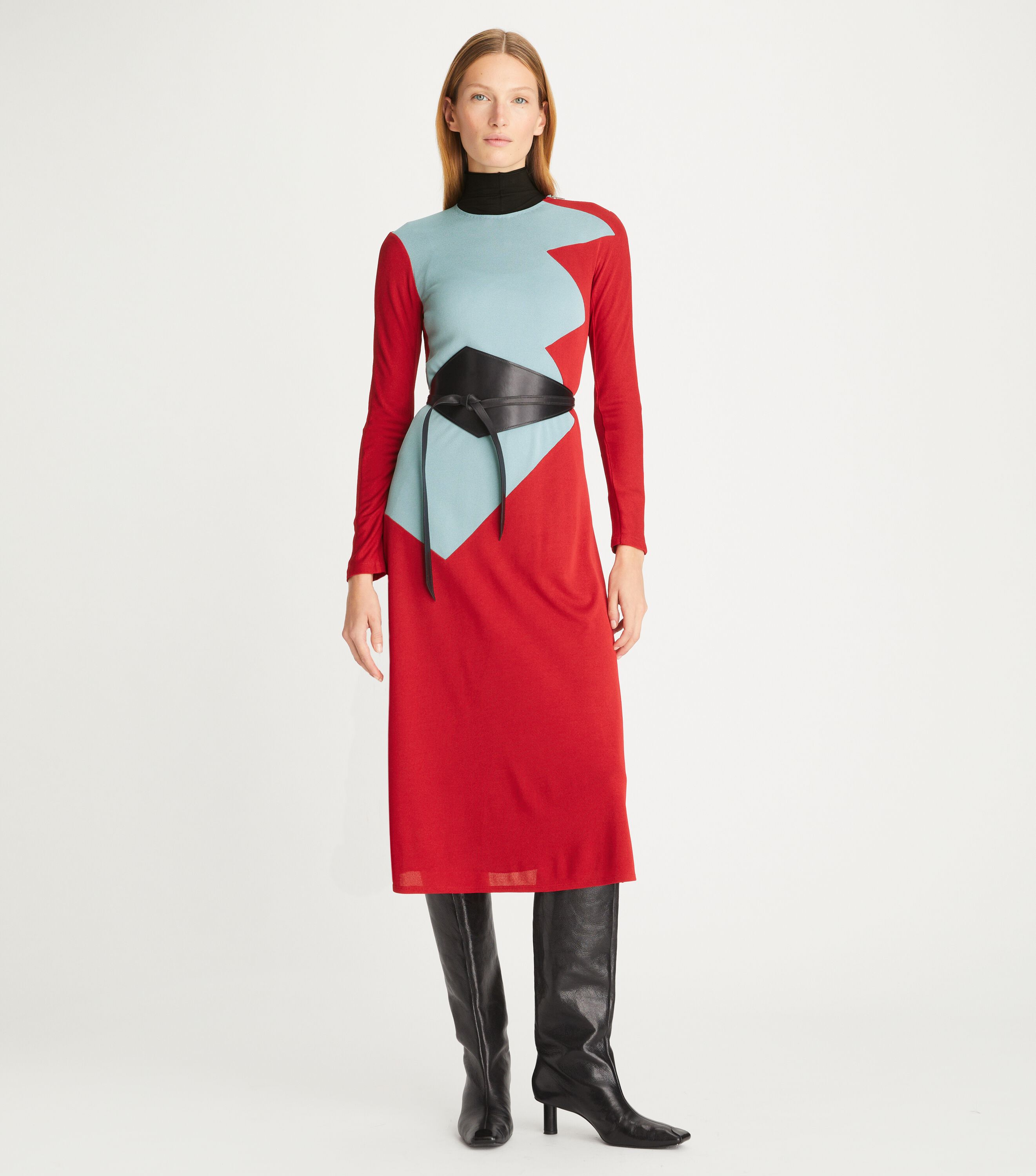 Colorblock Honeycomb Jersey Dress, Rich Red | Tory Burch KSA