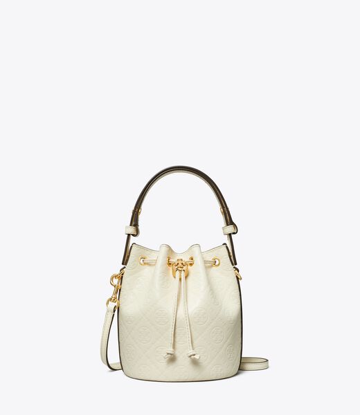 tory burch حقيبة دلو تي مونوغرام صغيرة جلدية