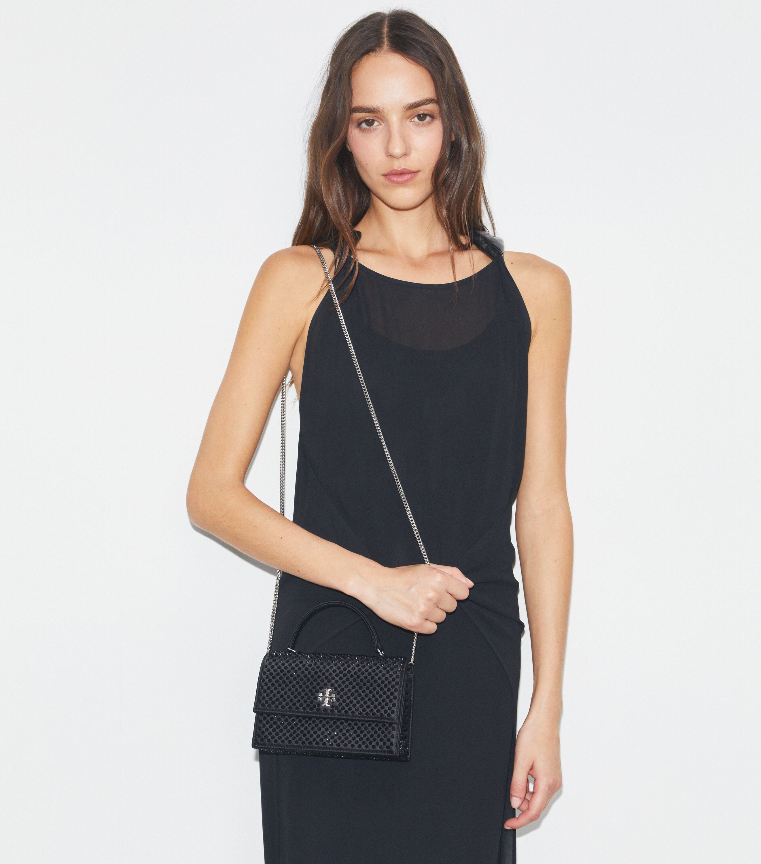 Mini Kira Satin Embellished Top-Handle Chain Wallet, Black Mini Kira Satin Embellished Top-Handle Chain Wallet, Black