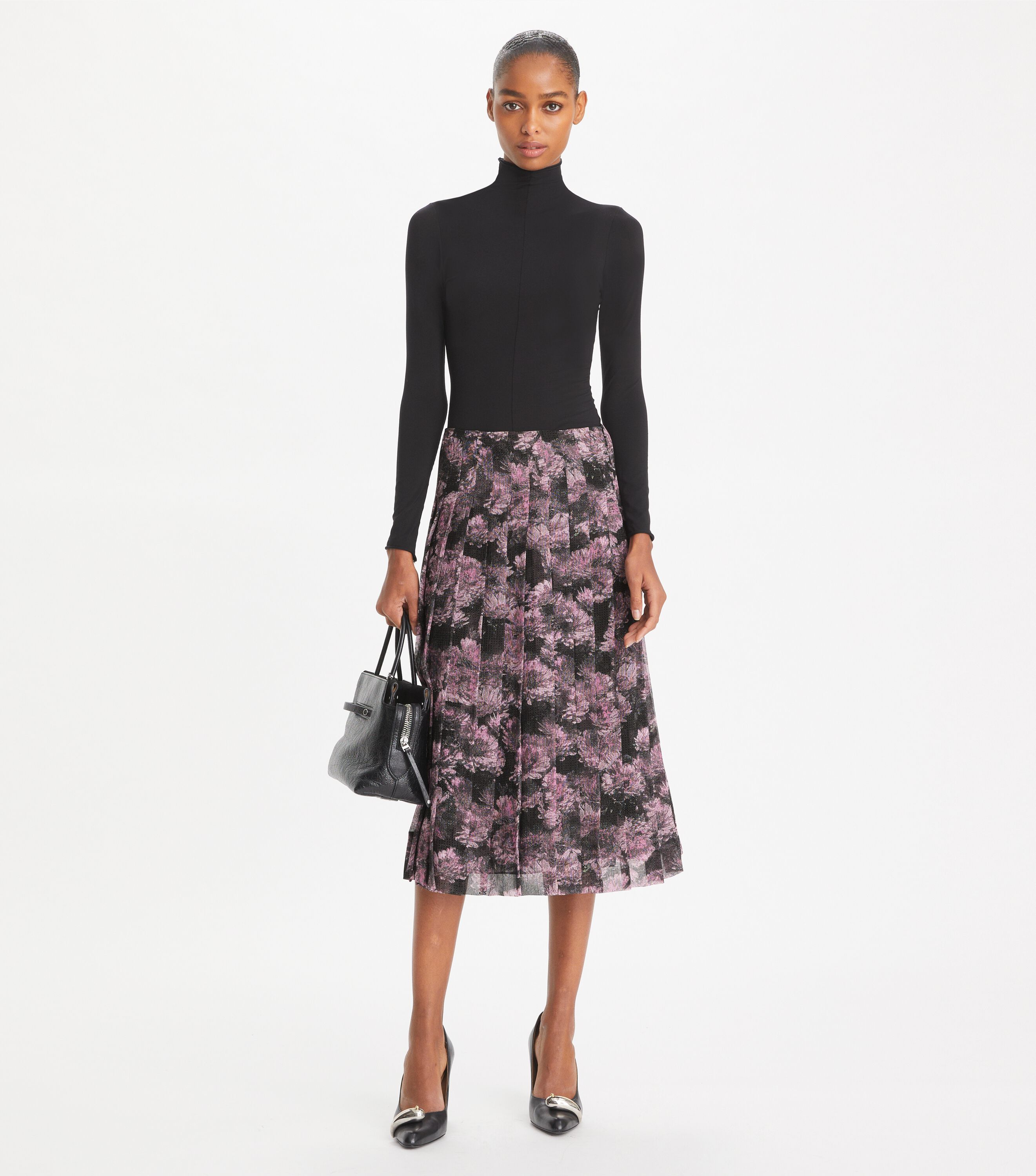 Printed Pleated Silk Skirt, Pink Pixel Floral | Tory Burch KSA