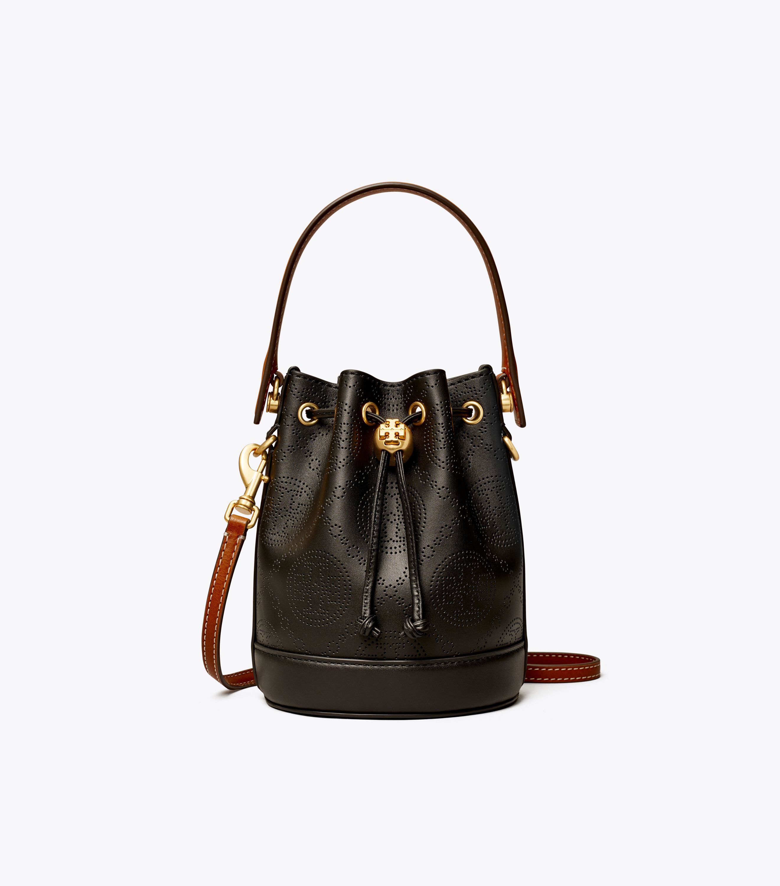 バッグ Tory Burch T Monogram Perforated Bucket Mini T Monogram Perforated Leather Bucket Bag, Black | Tory Burch KSA