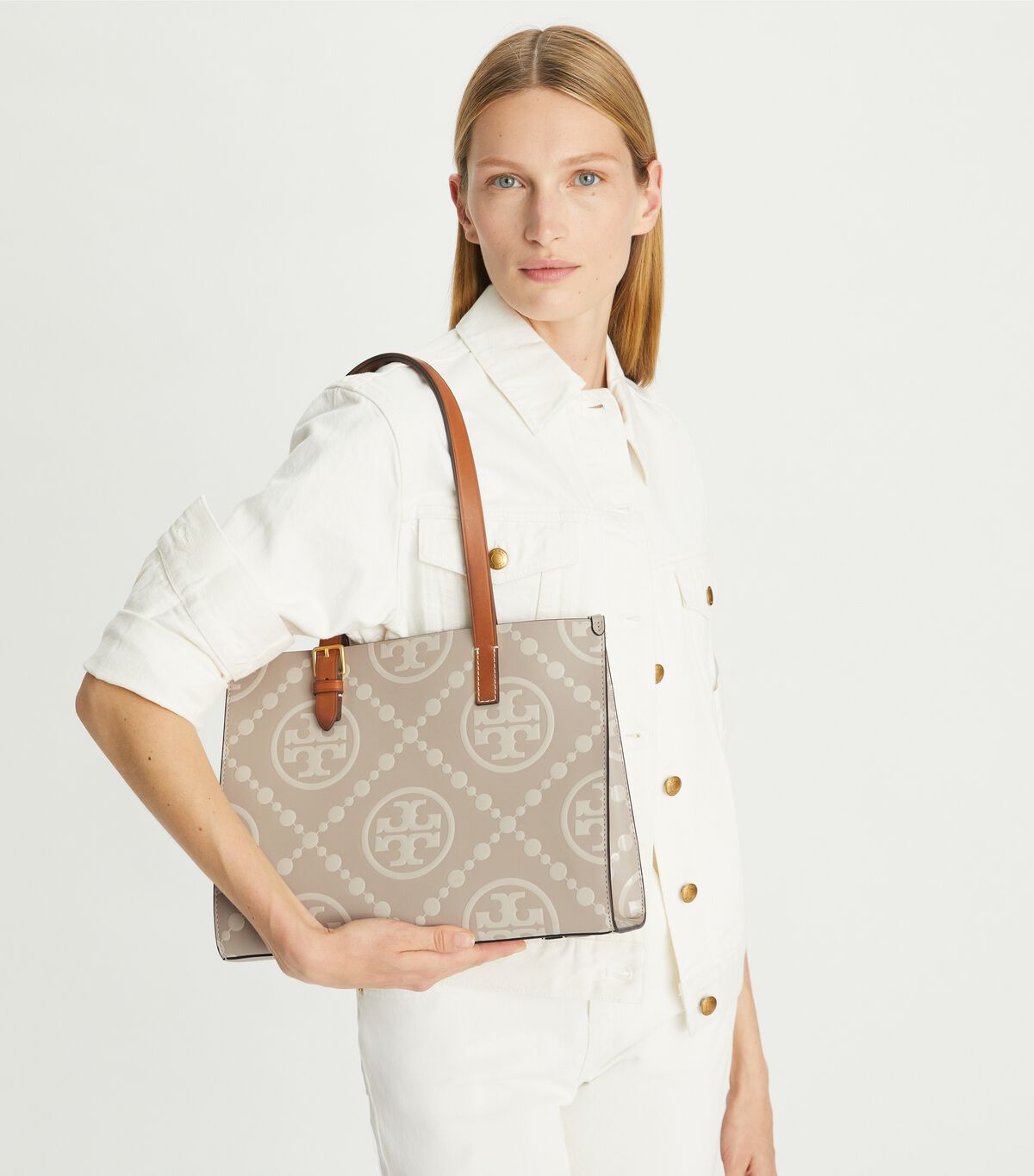 tory burch small t monogram contrast embossed tote