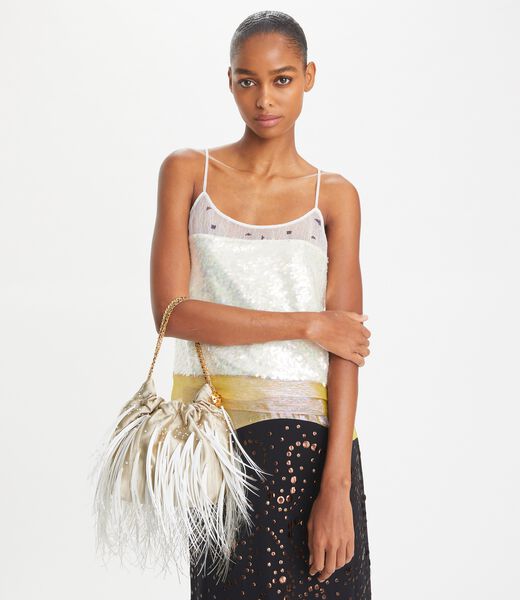 tory burch mini fleming feather drawstring bag