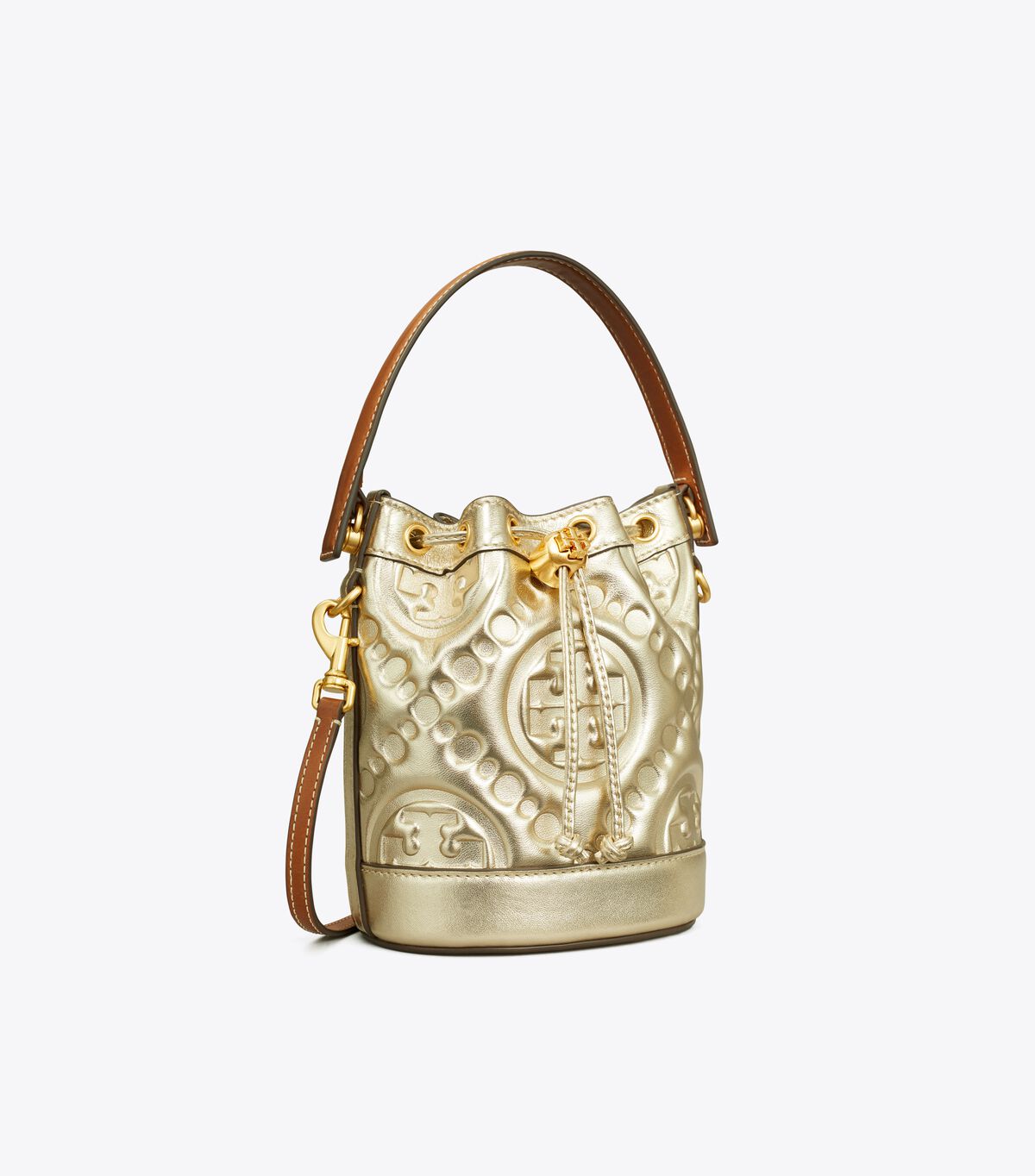 T Monogram Embossed Metallic Mini Bucket Bag
