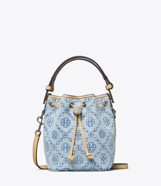 tory burch t monogram denim mini bucket bag