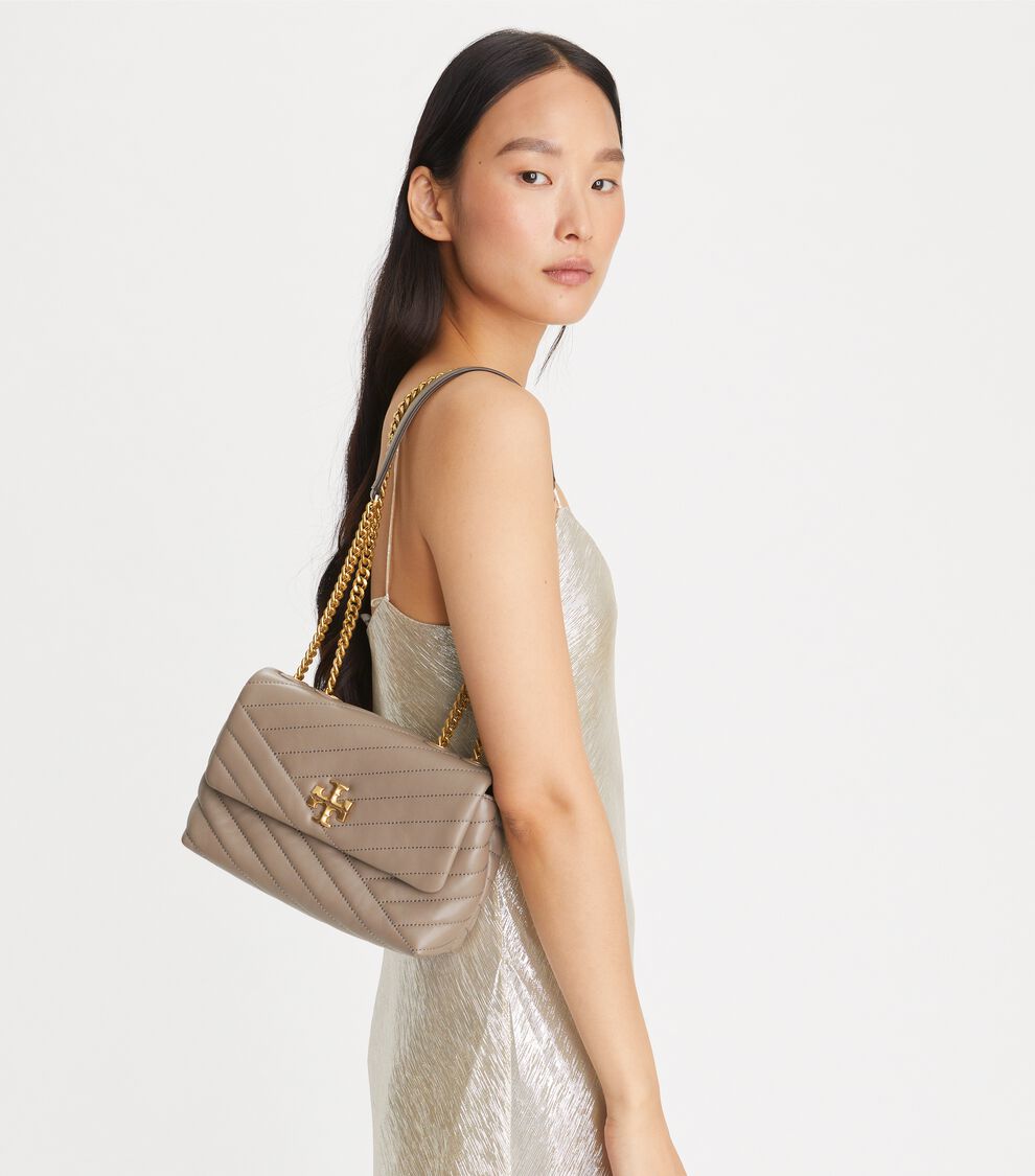 Small Kira Chevron Convertible Shoulder Bag, Gray Heron Tory