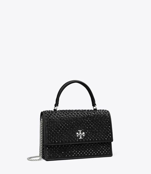 tory burch mini kira satin embellished top handle chain wallet