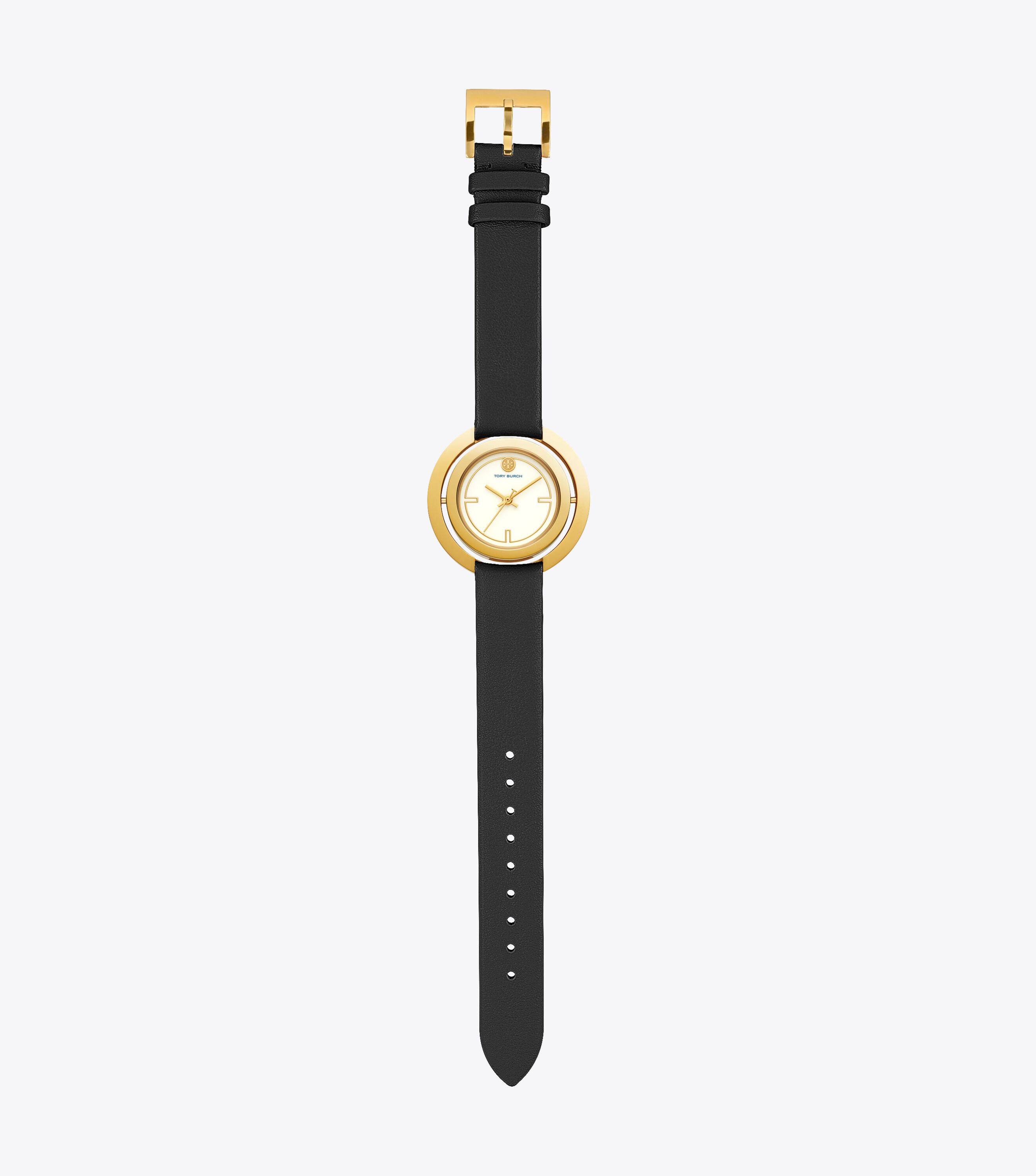 Grier Watch, Black Leather/Gold Tone/Ivory, 26 MM, Black/Gold