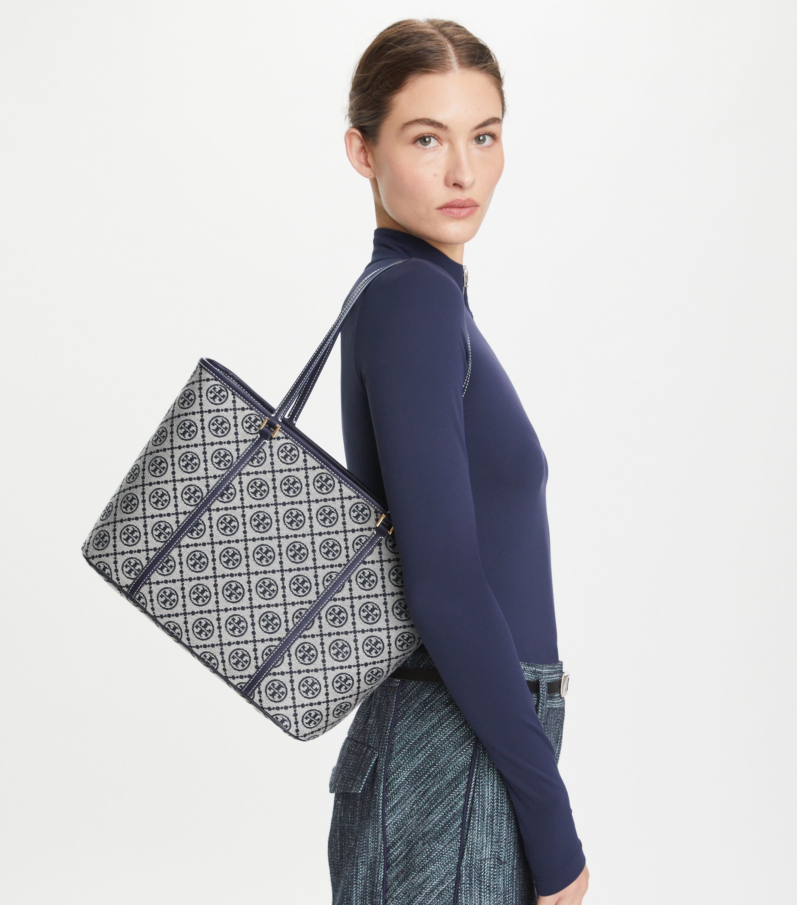 T Monogram Small Zip Tote, Tory Navy | Tory Burch KSA