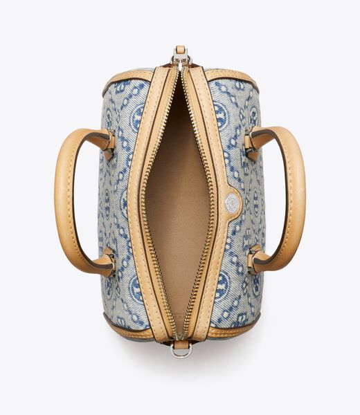 tory burch حقيبة برميل صغيرة من الدنيم بنقشة t مونوغرام