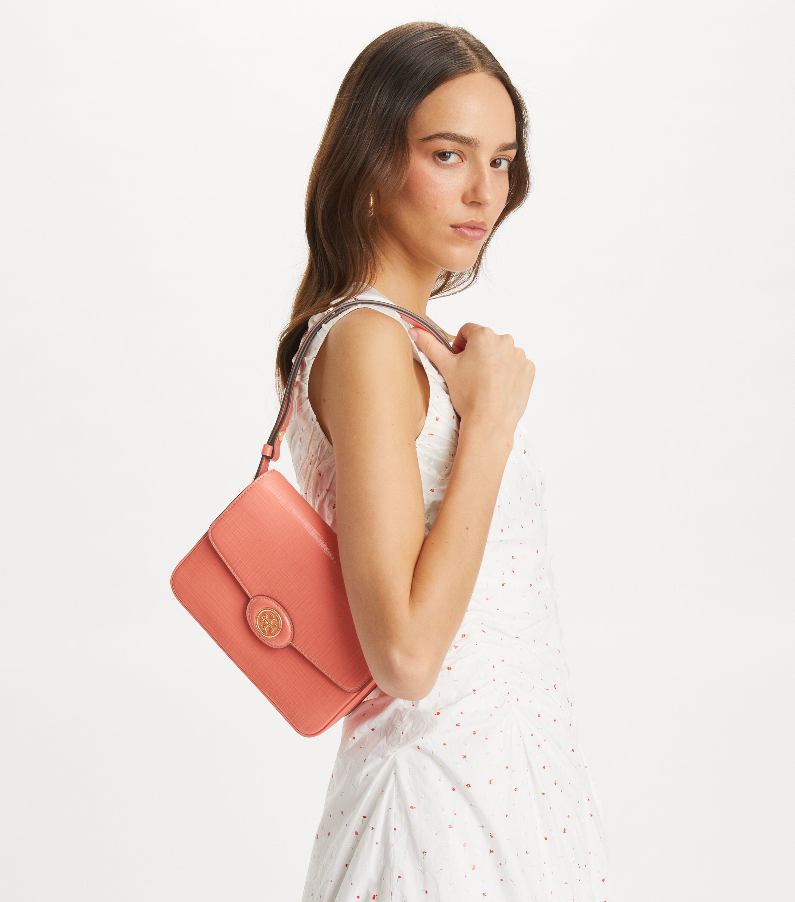 Robinson Crosshatched Convertible Shoulder Bag, Coral Crush | Tory