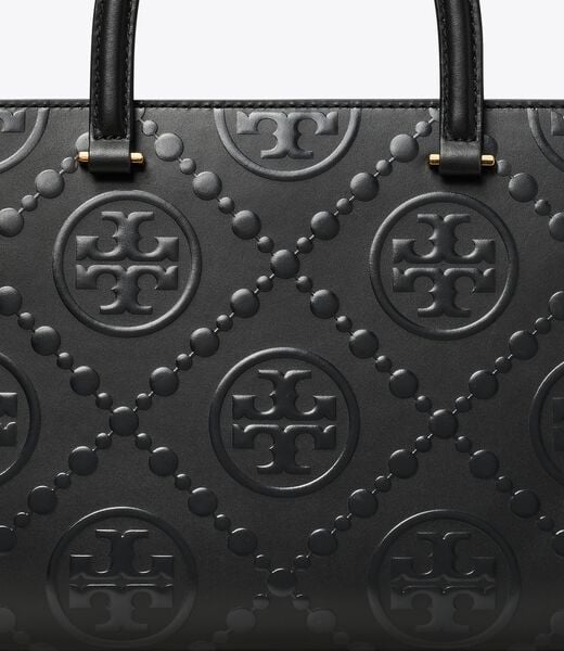 tory burch t monogram top handle embossed tote