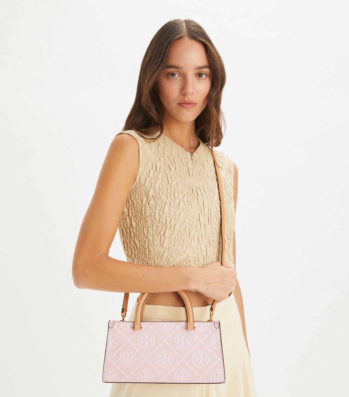 tory burch t monogram contrast embossed small east west tote