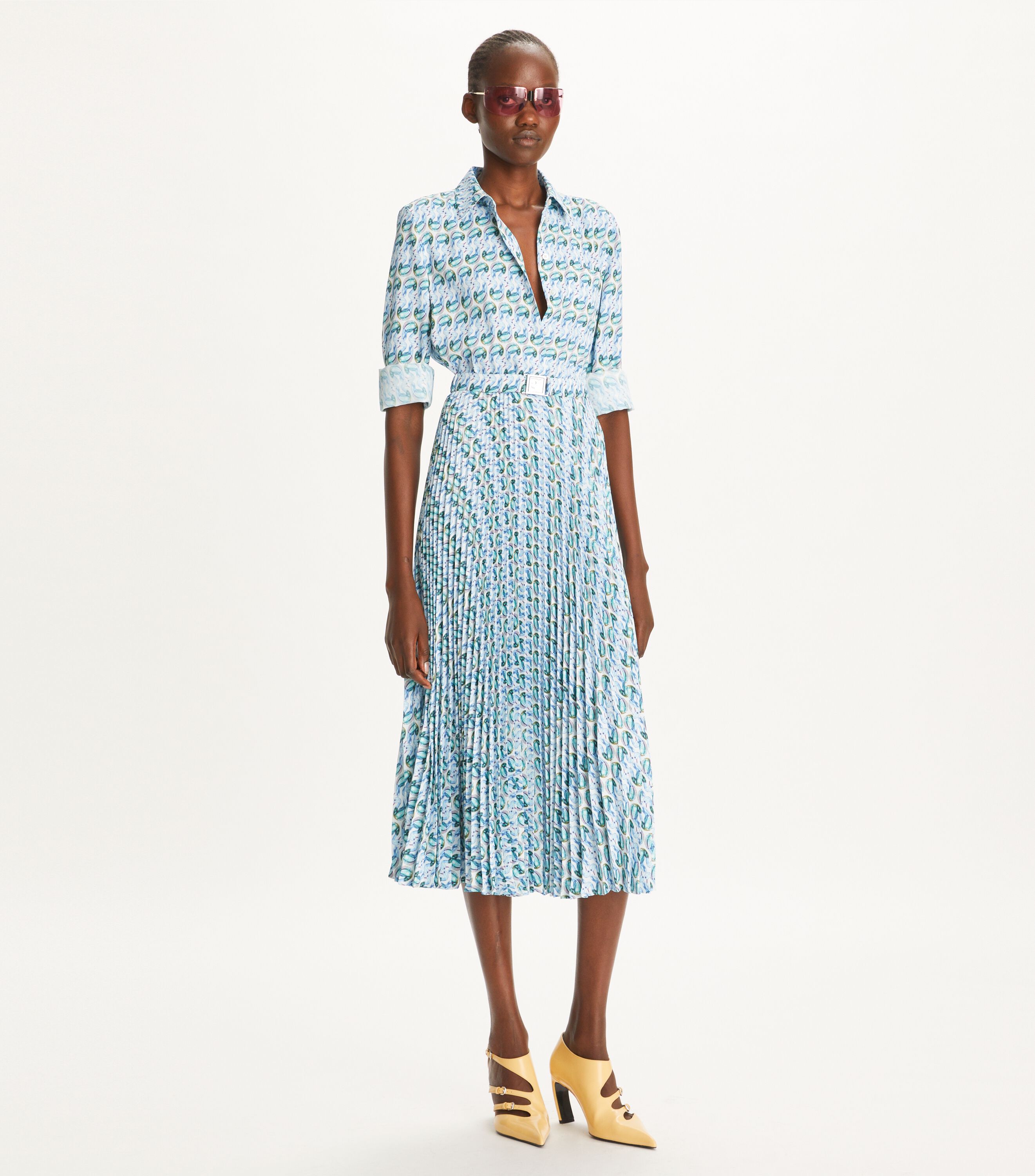 Printed Twill Dress, Blue Glass Swan Allover | Tory Burch KSA