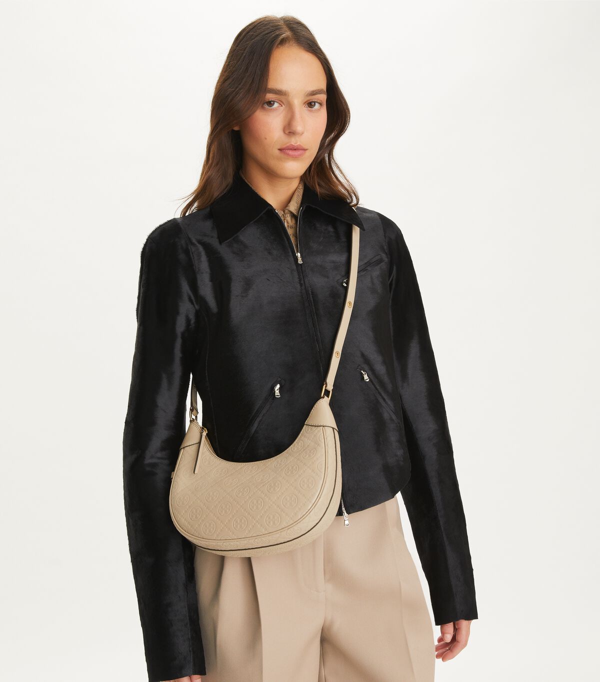 tory burch t monogram leather crescent bag