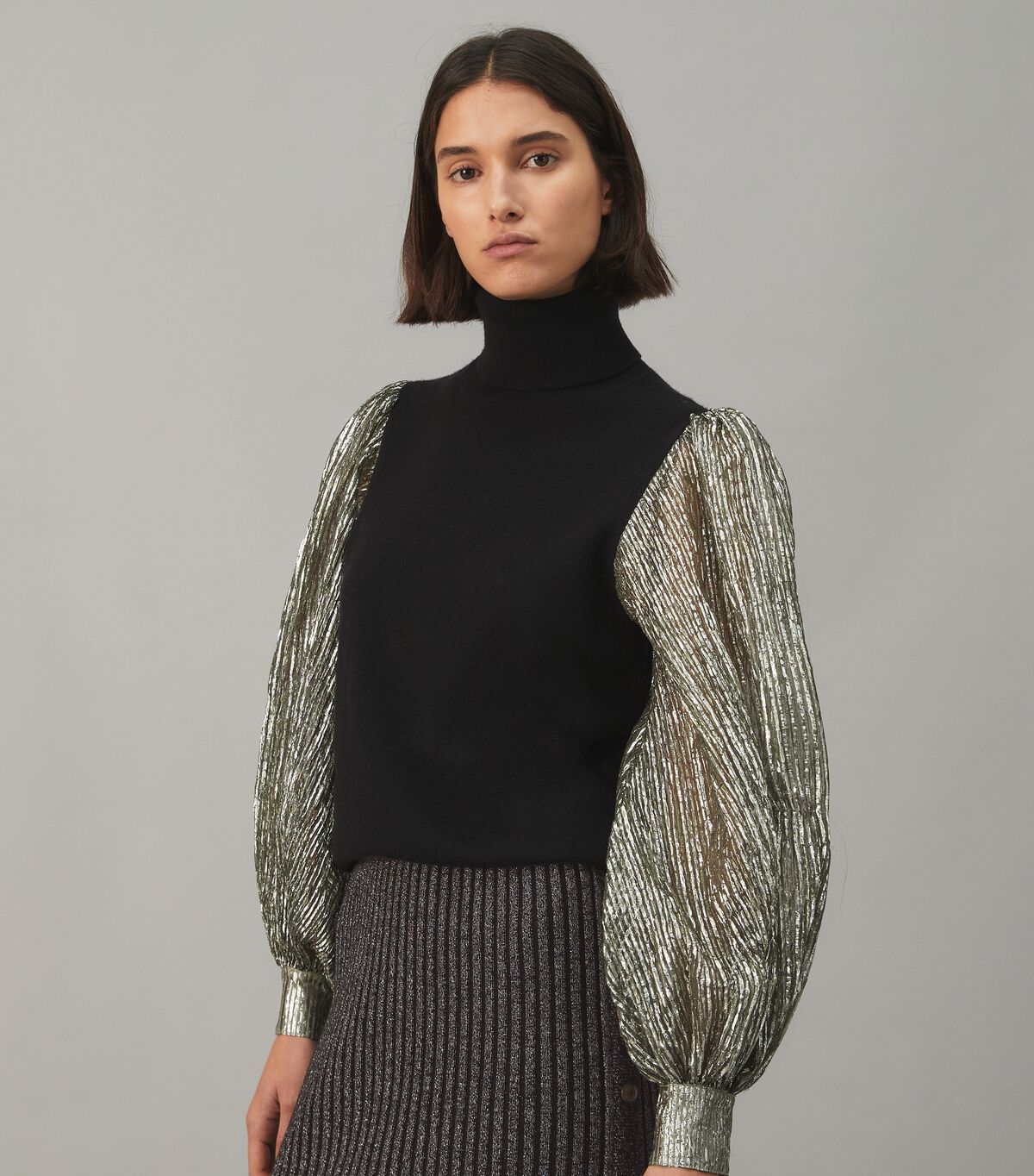 Crinkle Stripe Lamé Sleeve Sweater