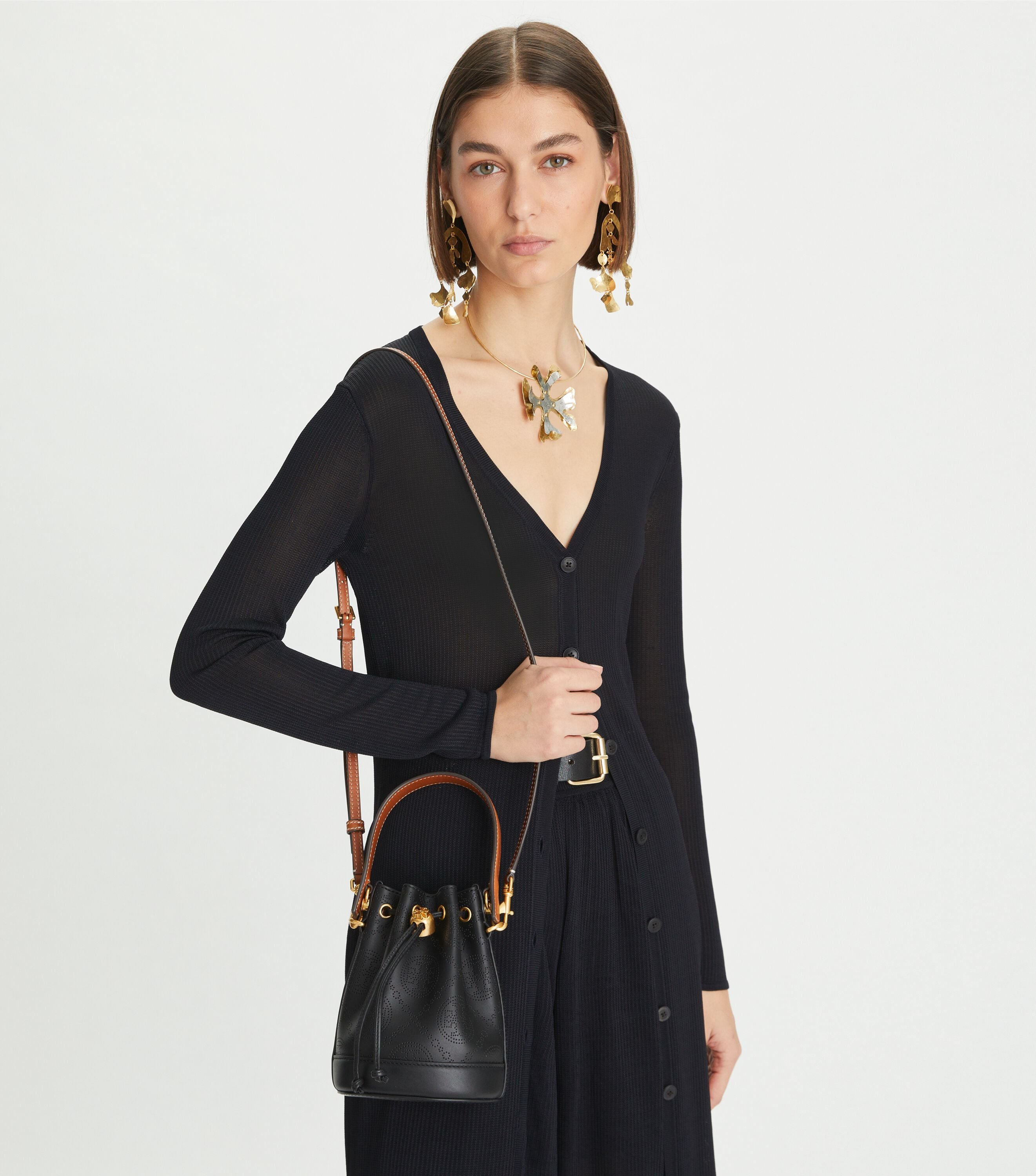 Mini T Monogram Perforated Leather Bucket Bag, Black | Tory Burch KSA