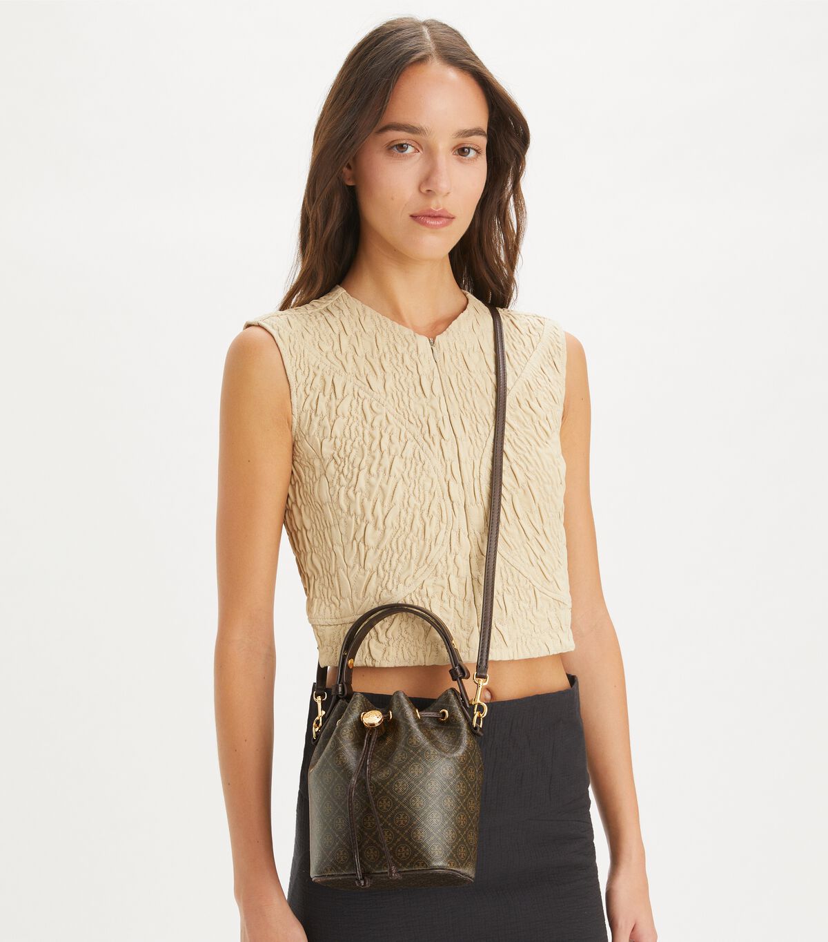 tory burch t monogram coated canvas mini bucket bag
