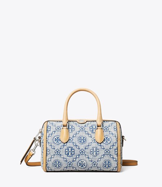 tory burch حقيبة برميل صغيرة من الدنيم بنقشة t مونوغرام