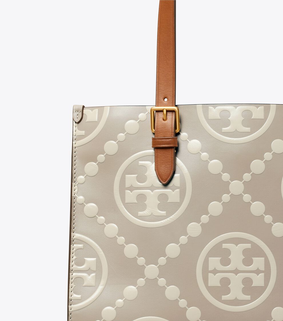 Small T Monogram Contrast Embossed Tote, Longan New Cream Tory