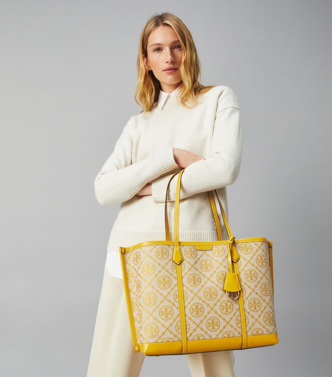 TORY BURCH TORY BURCH Perry T Monogram Small Triple Compartment Tote  GOLDFINCH