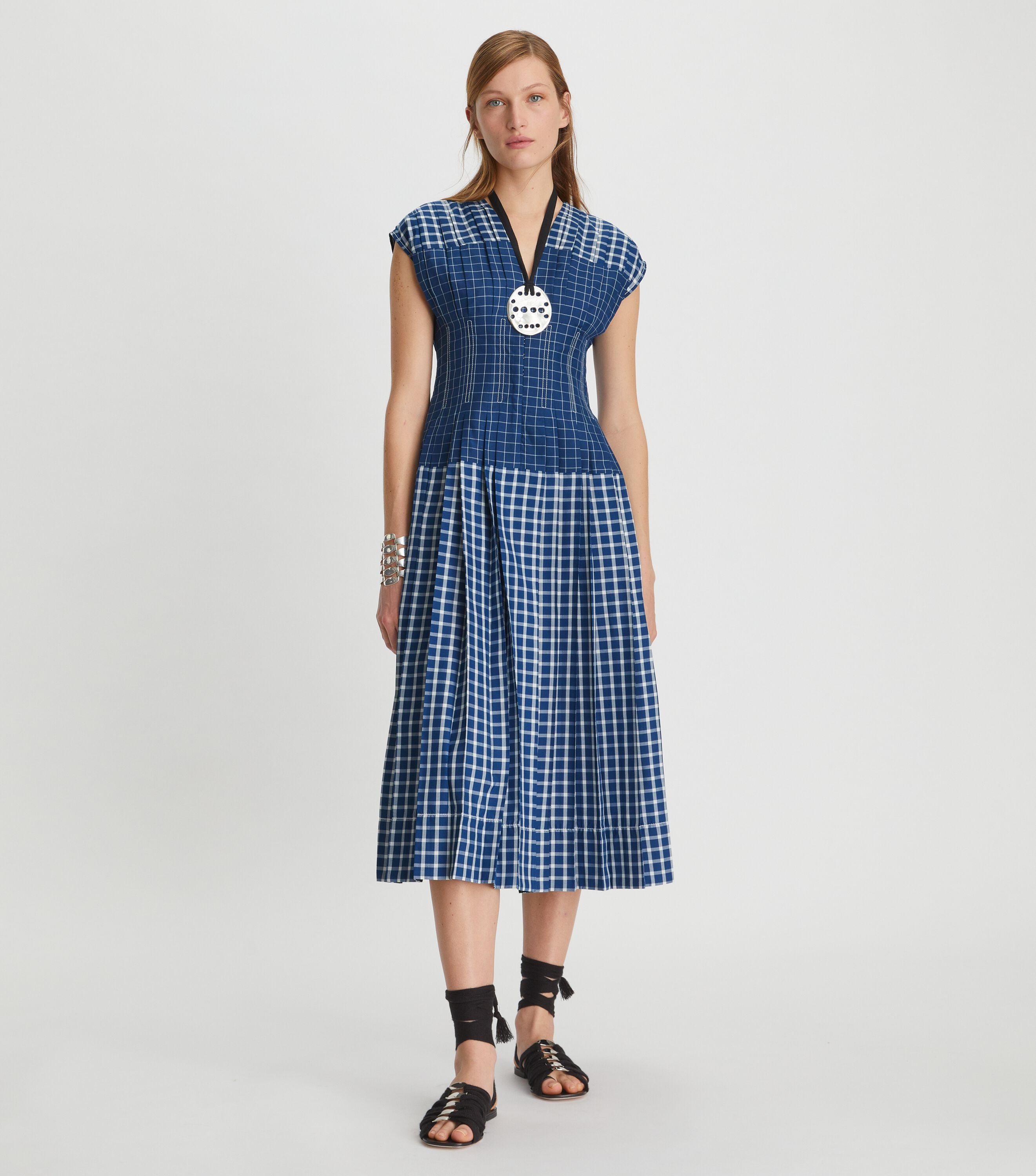 Picnic Plaid Silk Claire McCardell Dress, Blue / White | Tory