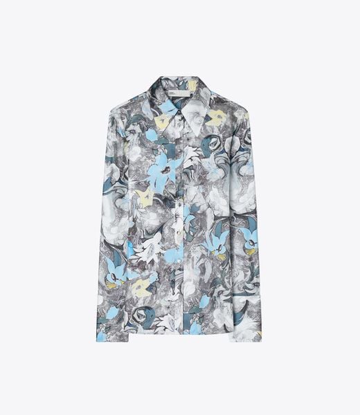 tory burch printed cuffed silk shirt