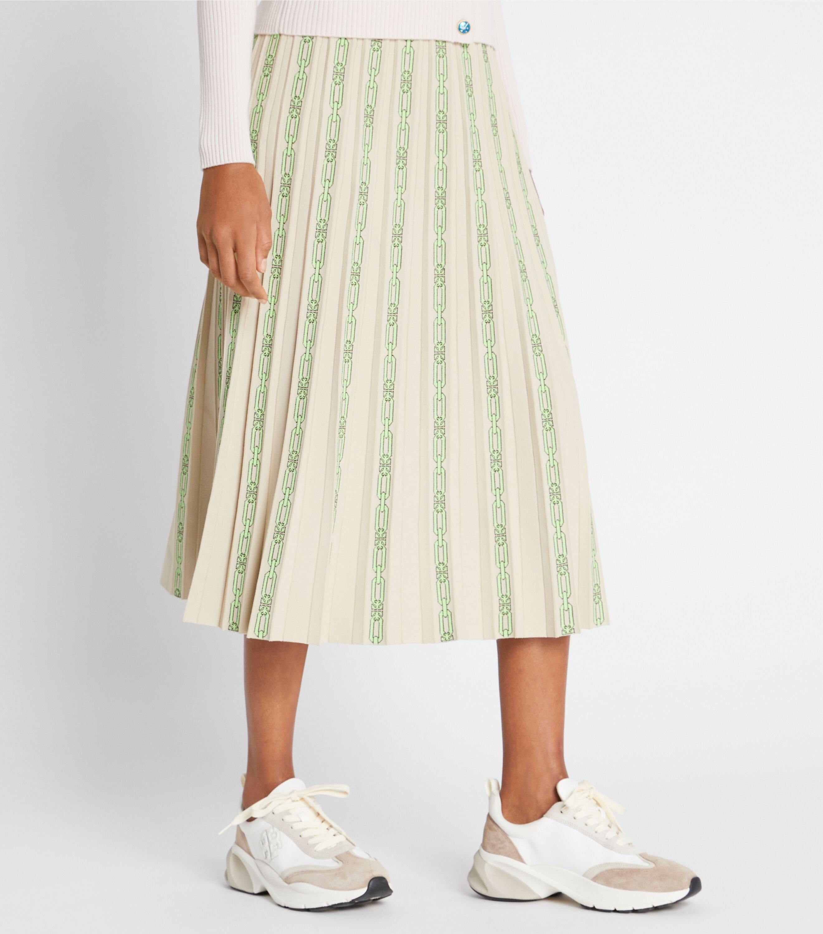 Pleated Jacquard Tech Knit Skirt, Pale Stone Chain Logo Jqd | Tory