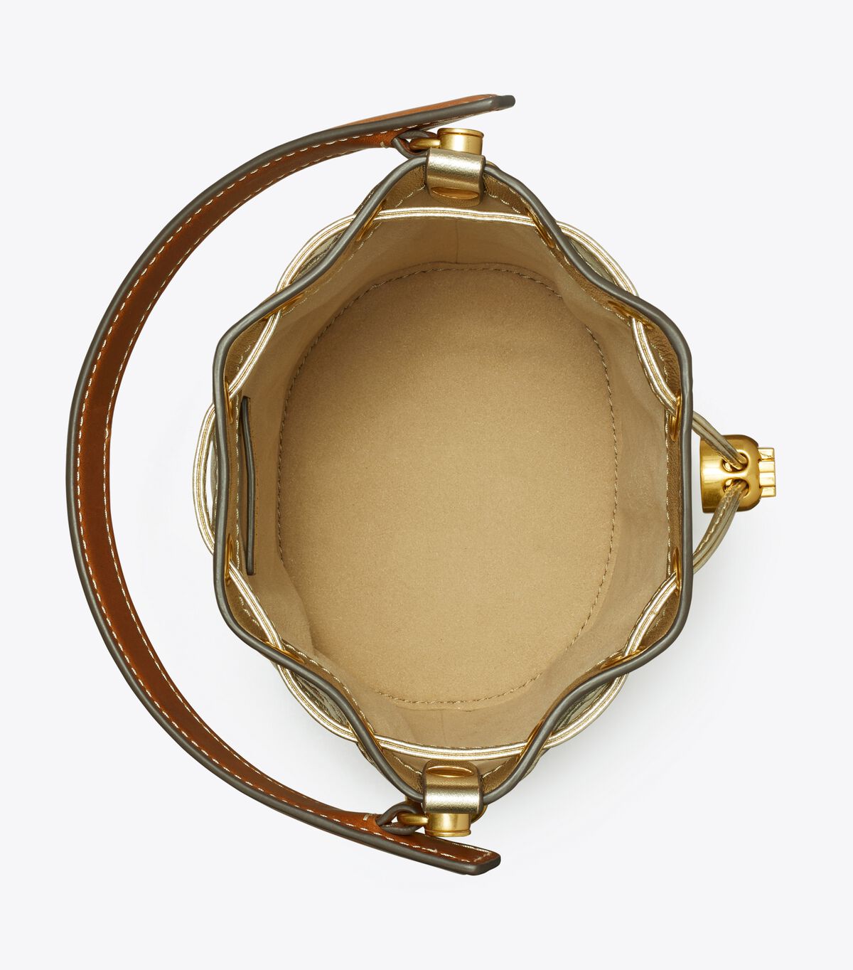 tory burch t monogram embossed metallic mini bucket bag